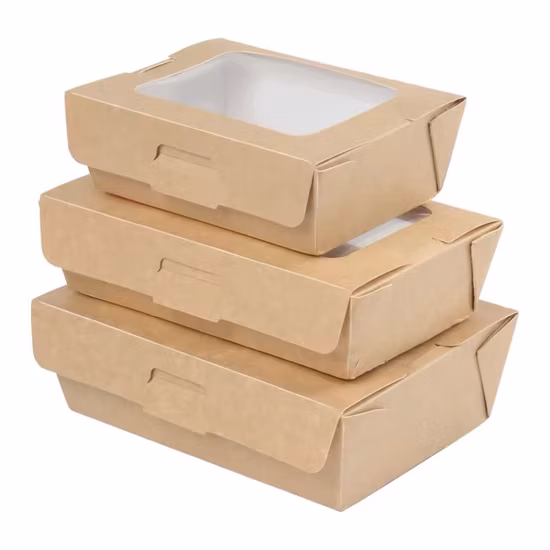 Caixa de papel para embalagem de fast food, embalagem descartável para alimentos, papel kraft, caixa para salada de frutas com janela transparente para animais de estimação para sushi e salada
