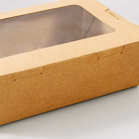 Caixa de salada de papel Kraft para embalagens de alimentos descartáveis ​​com janela transparente antiembaçante para animais de estimação para sushi e salada